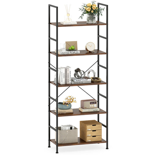 5-Tier 160 cm Tall Bookcase with Industrial Shelves and Metal Frame for Home Office-Brown