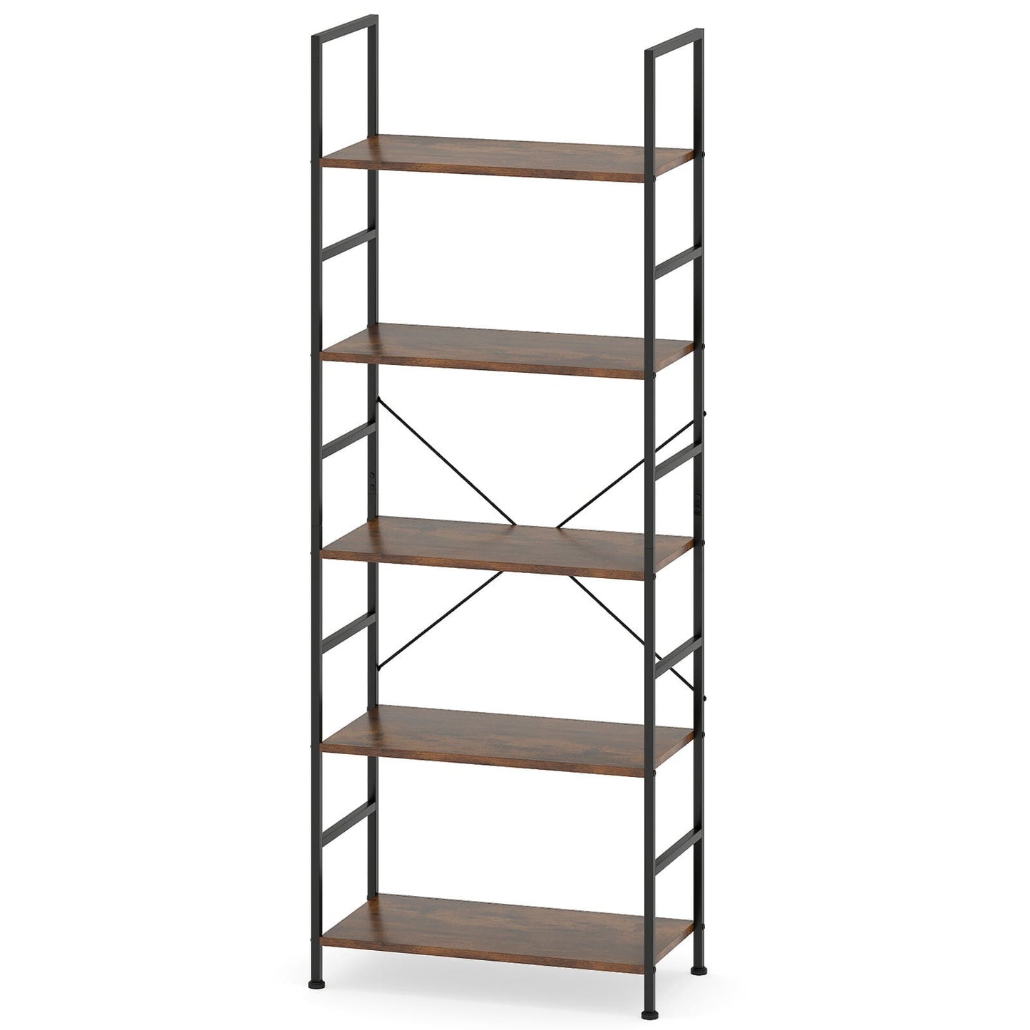 5-Tier 160 cm Tall Bookcase with Industrial Shelves and Metal Frame for Home Office-Brown