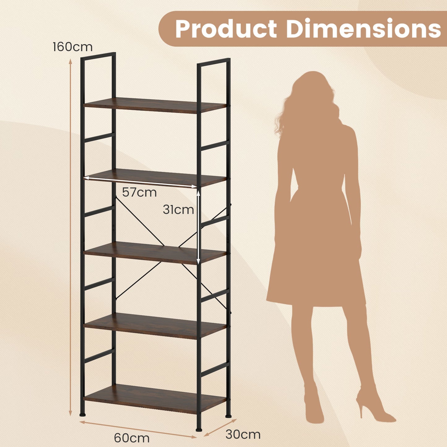 5-Tier 160 cm Tall Bookcase with Industrial Shelves and Metal Frame for Home Office-Brown