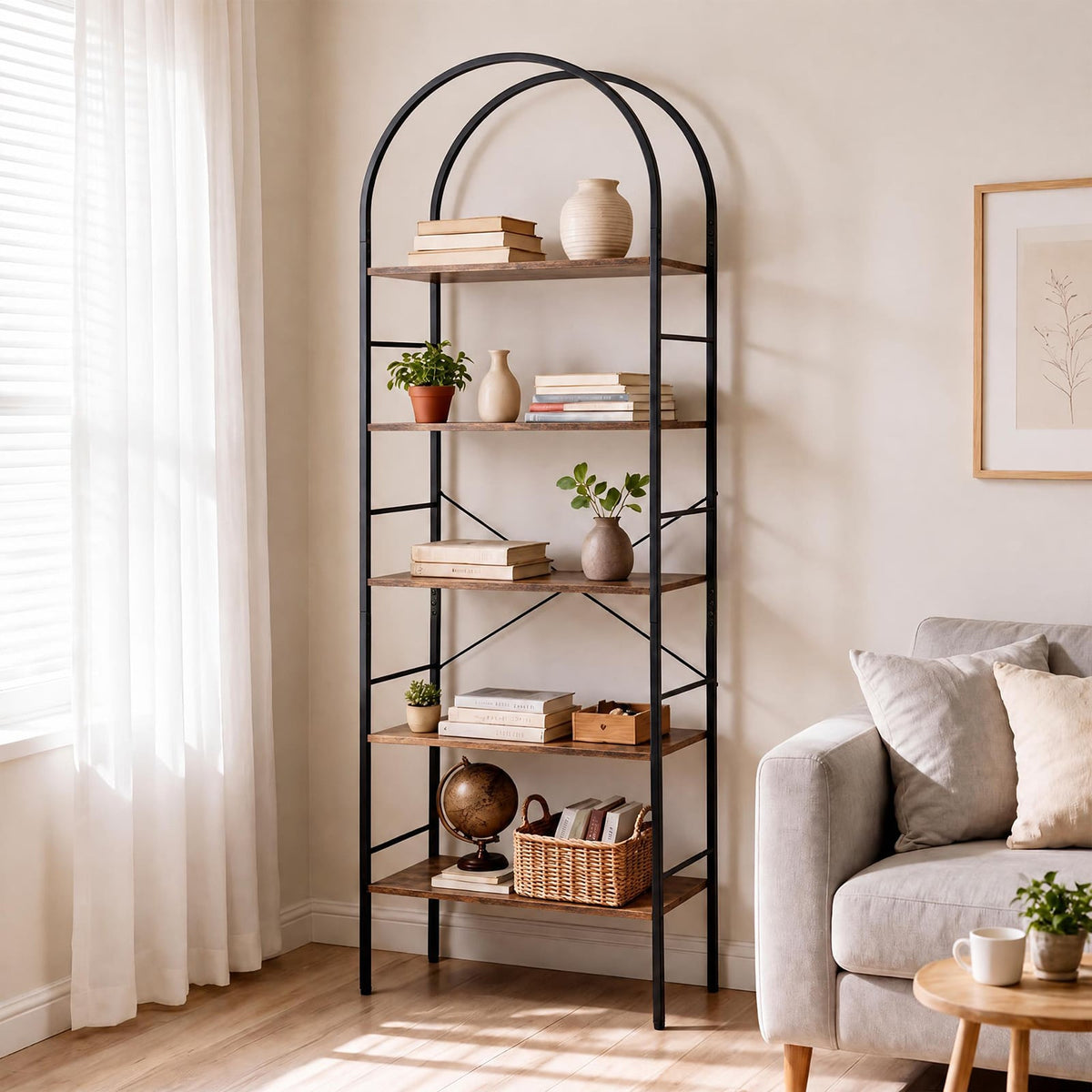 5-Tier Arched Bookcase with Open Wooden Shelves with Metal Frame-Rusticbrown