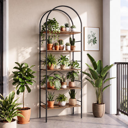 5-Tier Arched Bookcase with Open Wooden Shelves with Metal Frame-Rusticbrown