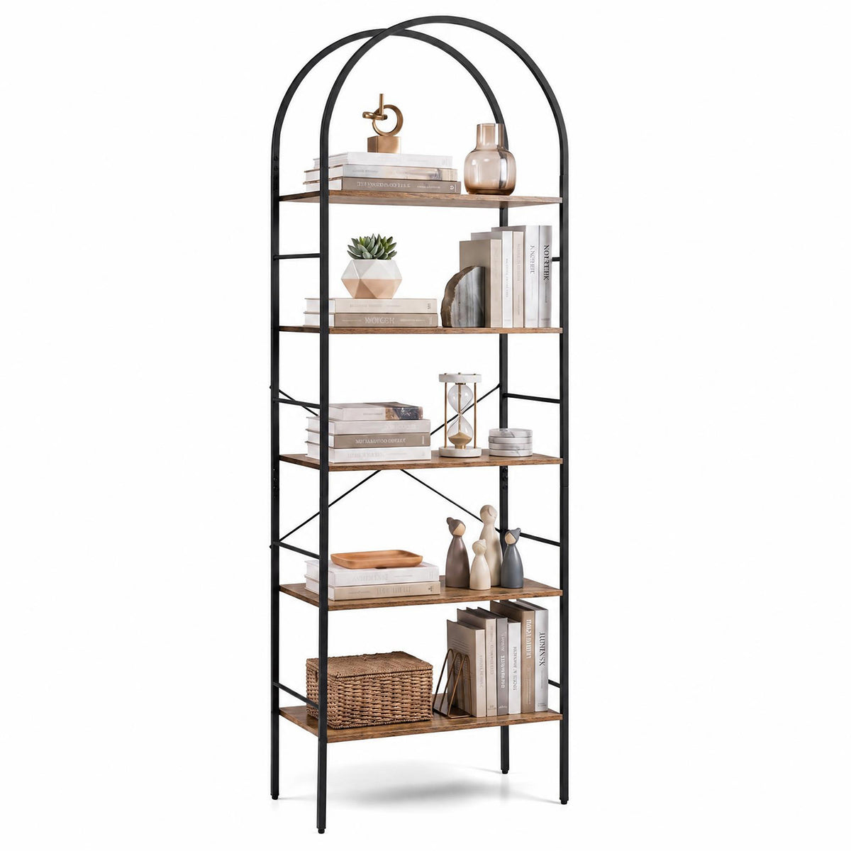 5-Tier Arched Bookcase with Open Wooden Shelves with Metal Frame-Rusticbrown