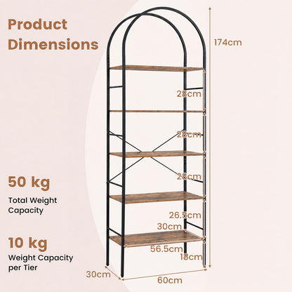 5-Tier Arched Bookcase with Open Wooden Shelves with Metal Frame-Rusticbrown