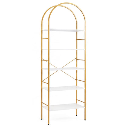 5-Tier Arched Bookcase with Open Wooden Shelves with Metal Frame-White & Gold