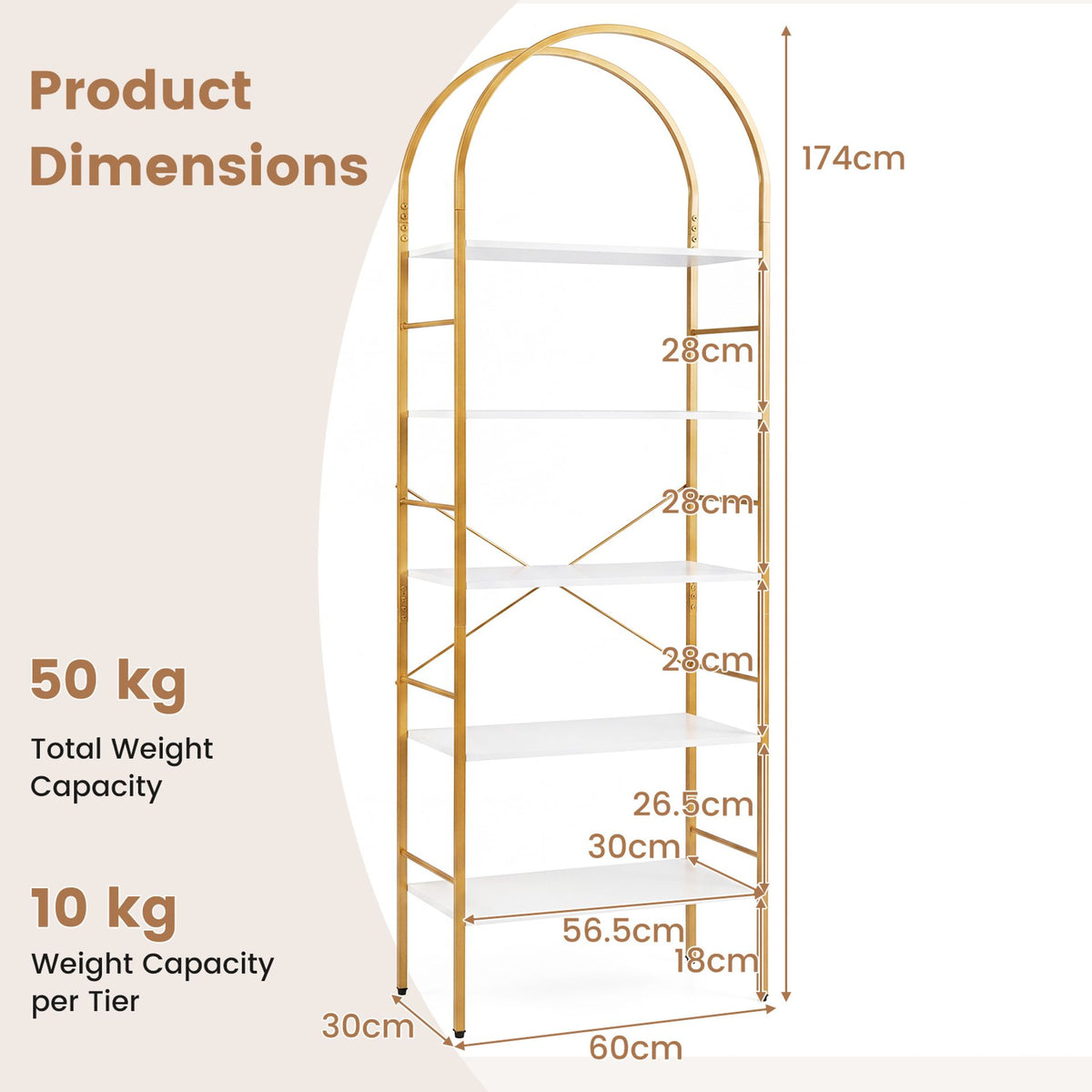 5-Tier Arched Bookcase with Open Wooden Shelves with Metal Frame-White & Gold