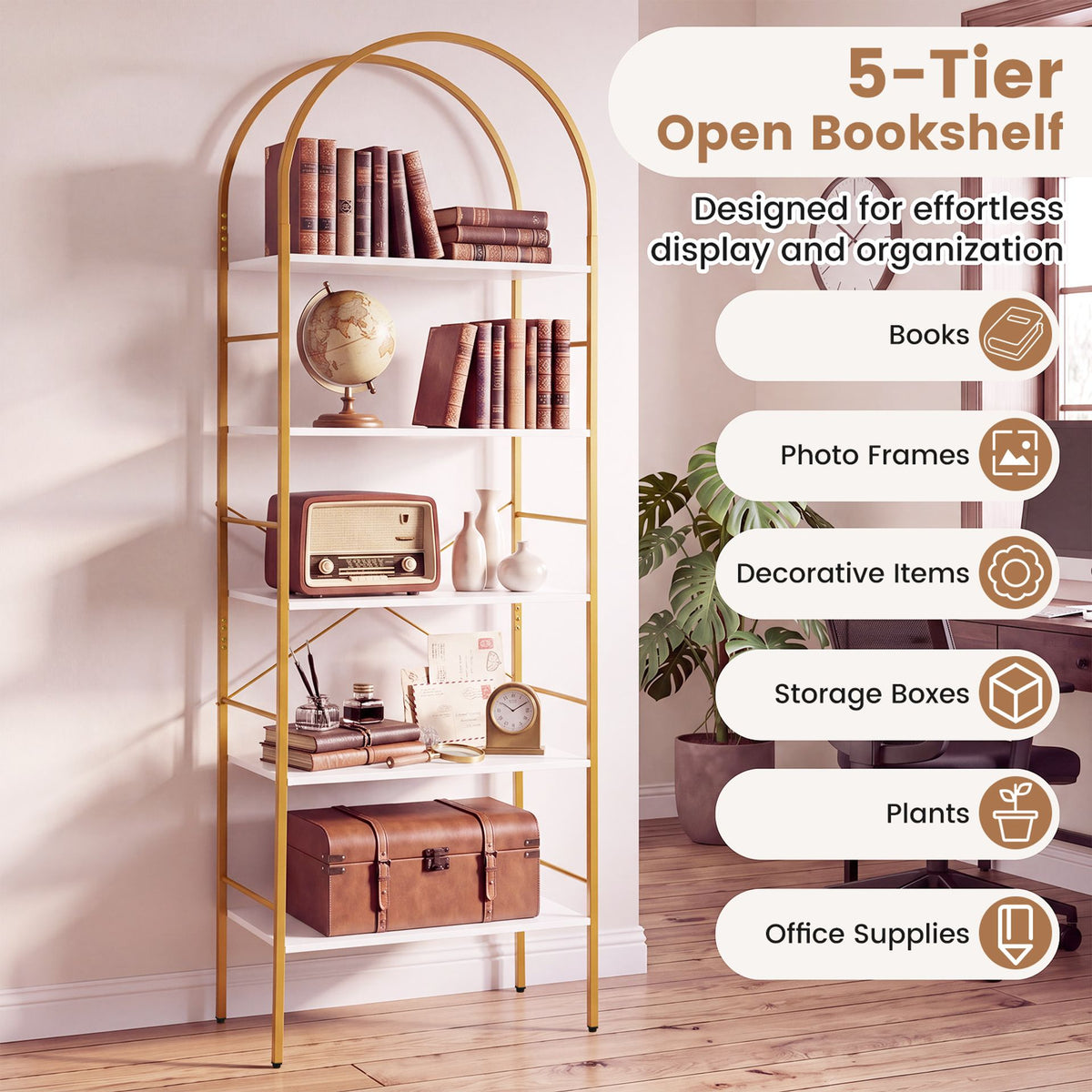 5-Tier Arched Bookcase with Open Wooden Shelves with Metal Frame-White & Gold