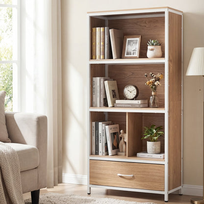 5-Tier Bookshelf Freestanding Bookcase with 4 Storage Compartments-Natural