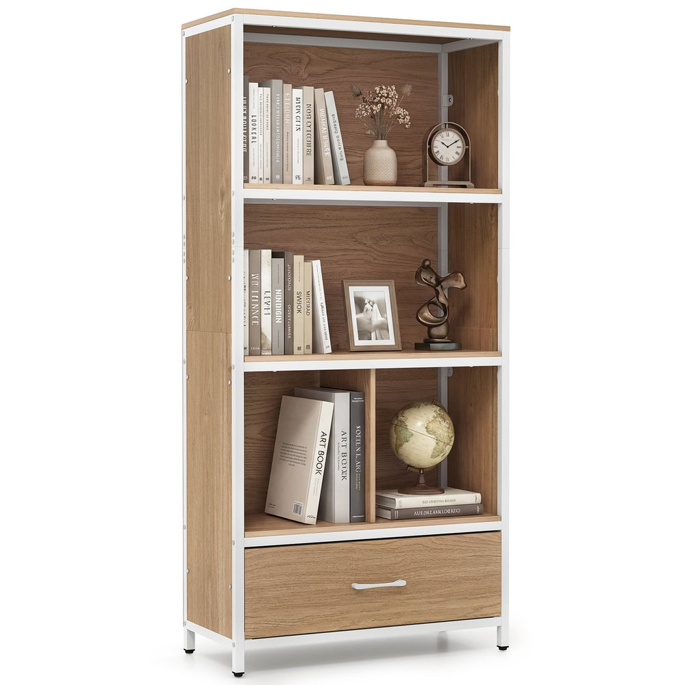 5-Tier Bookshelf Freestanding Bookcase with 4 Storage Compartments-Natural