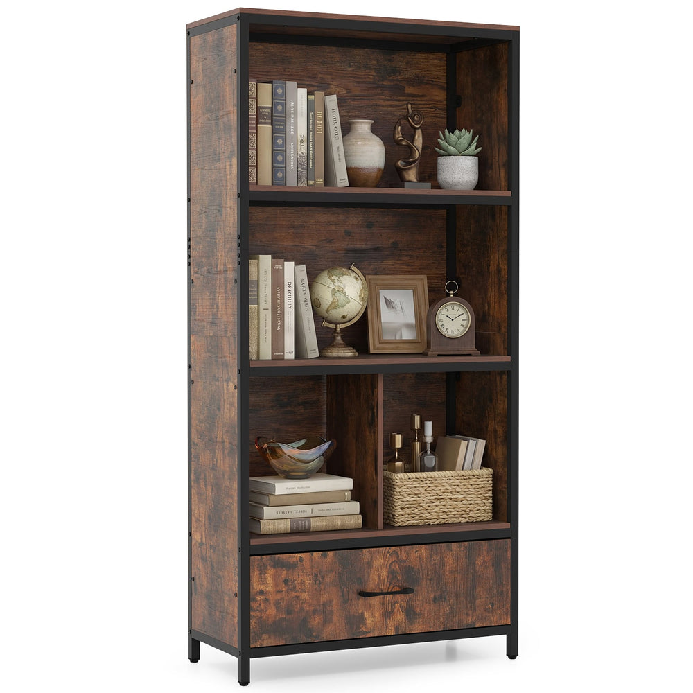 5-Tier Bookshelf Freestanding Bookcase with 4 Storage Compartments-Rustic Brown