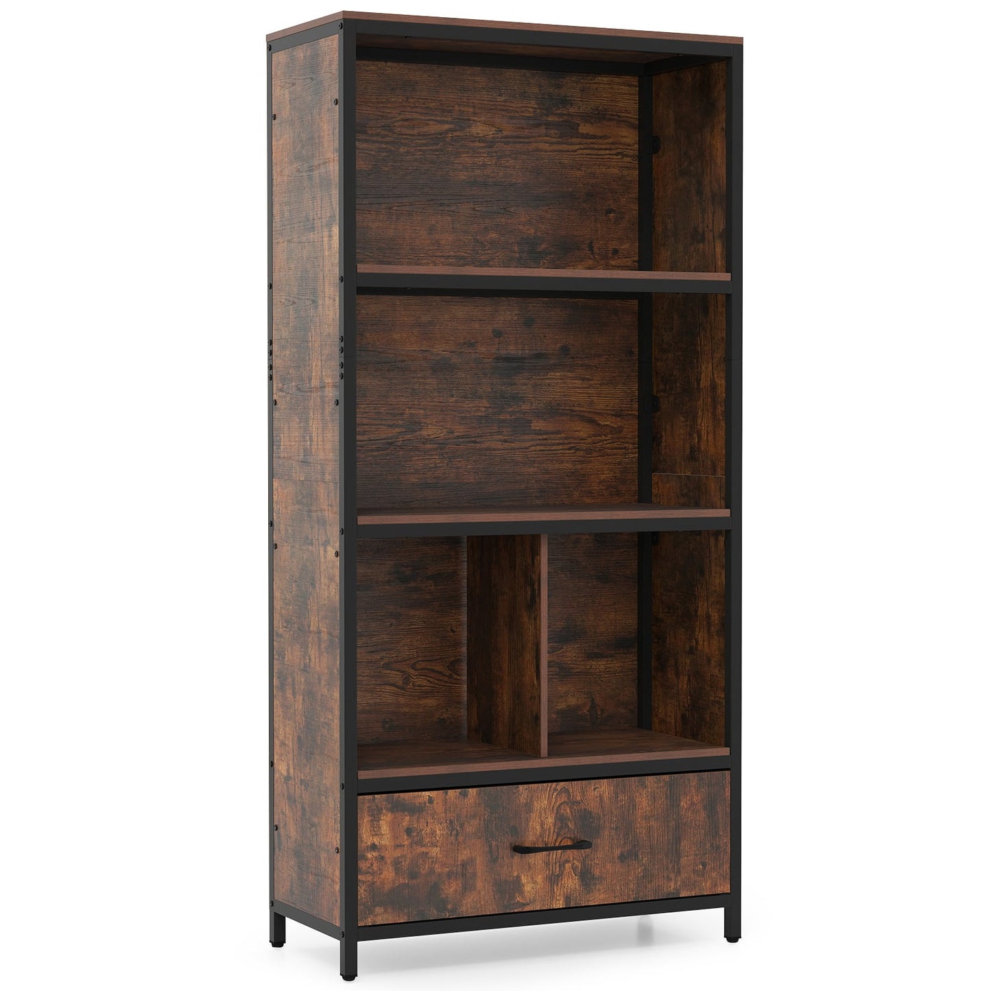 5-Tier Bookshelf Freestanding Bookcase with 4 Storage Compartments-Rustic Brown
