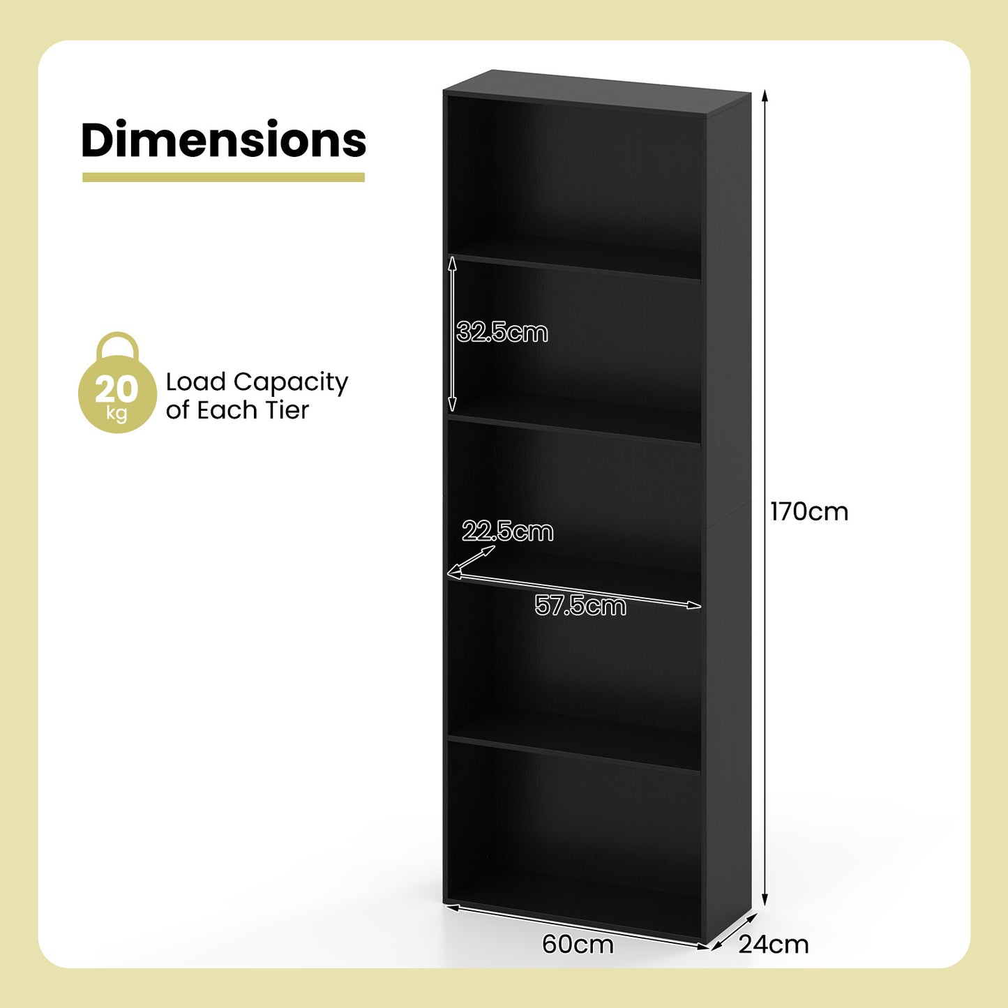 5-Tier Bookshelf with Freestanding Display Shelf and Storage Organizer for Living Room-Black