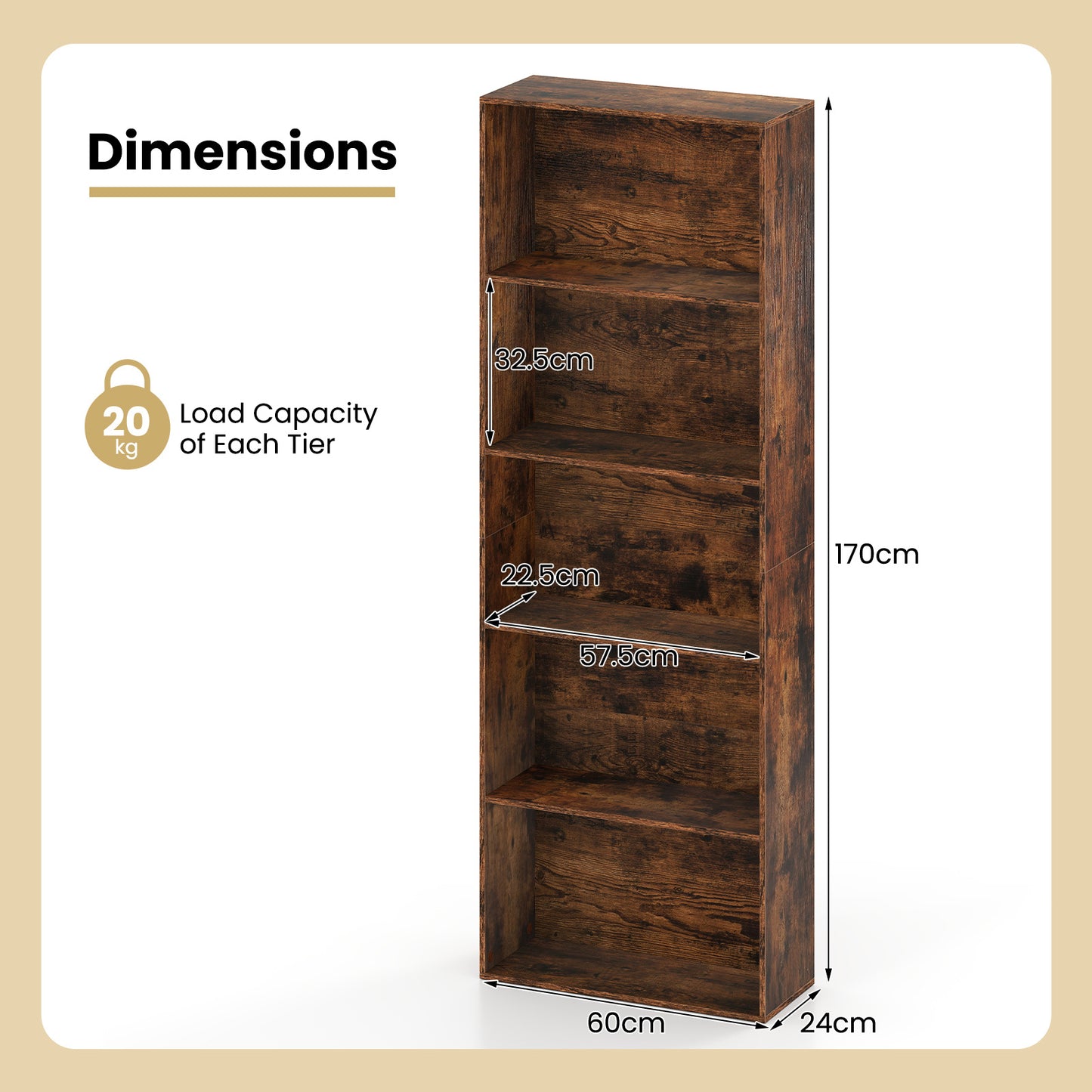 5-Tier Bookshelf with Freestanding Display Shelf and Storage Organizer for Living Room-Rustic Brown