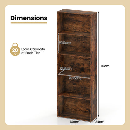 5-Tier Bookshelf with Freestanding Display Shelf and Storage Organizer for Living Room-Rustic Brown