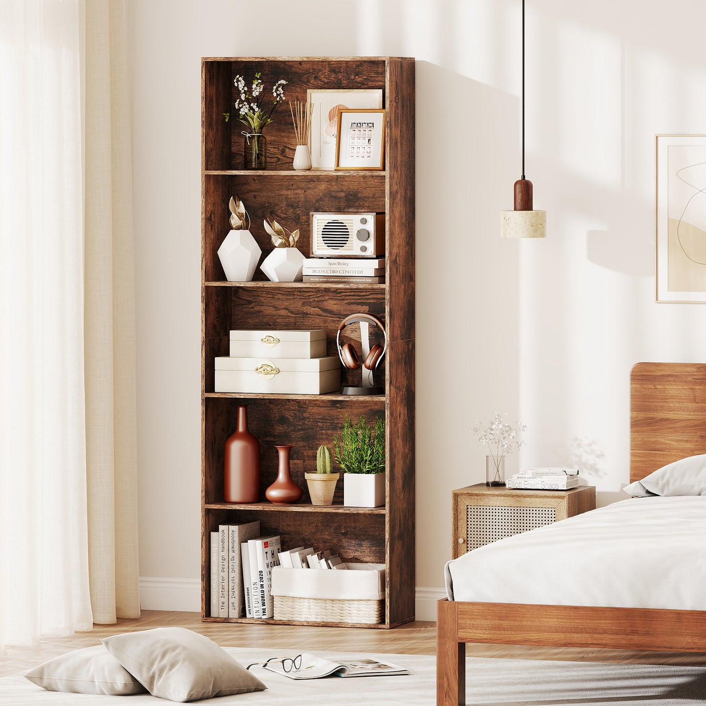 5-Tier Bookshelf with Freestanding Display Shelf and Storage Organizer for Living Room-Rustic Brown