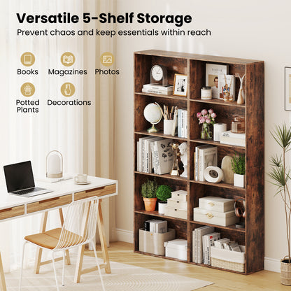 5-Tier Bookshelf with Freestanding Display Shelf and Storage Organizer for Living Room-Rustic Brown
