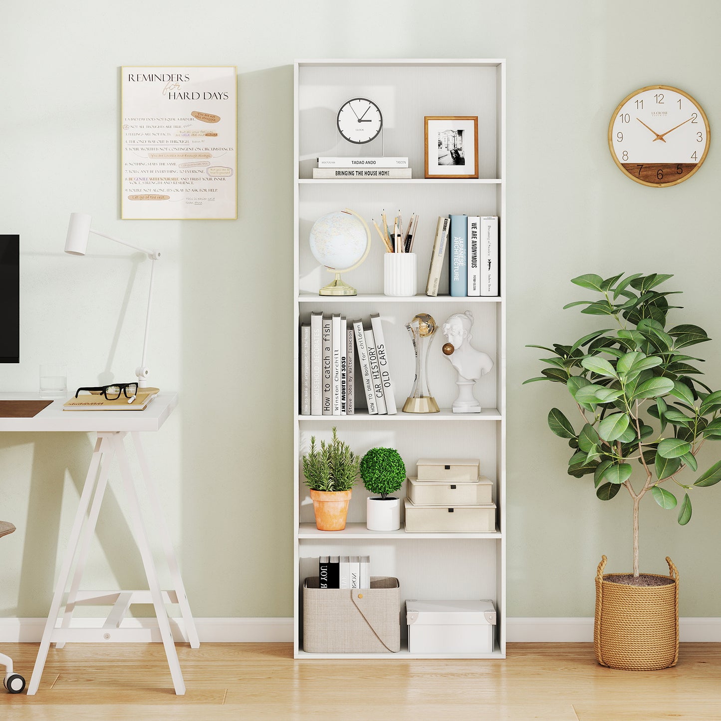 5-Tier Bookshelf with Freestanding Display Shelf and Storage Organizer for Living Room-White