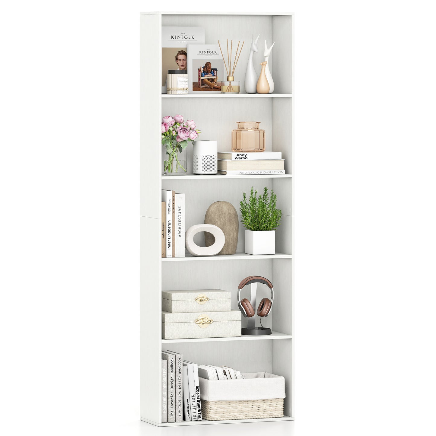 5-Tier Bookshelf with Freestanding Display Shelf and Storage Organizer for Living Room-White
