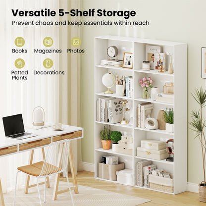 5-Tier Bookshelf with Freestanding Display Shelf and Storage Organizer for Living Room-White