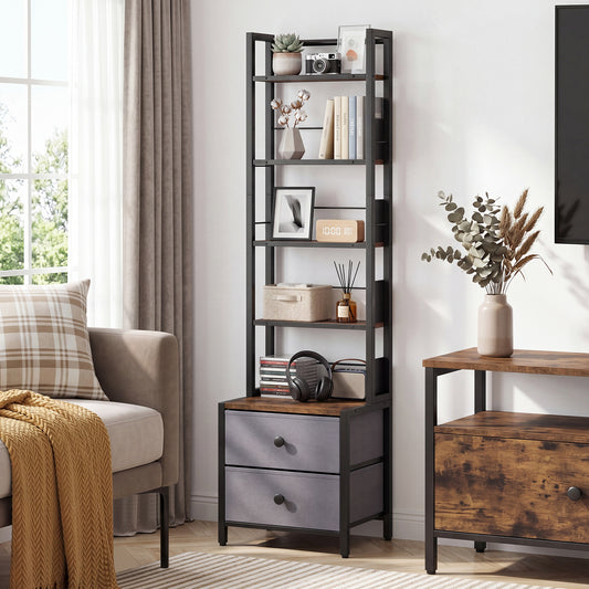 5-Tier CD Storage Rack with Drawers & Adjustable Stoppers for DVDs Books Games-Rustic Brown