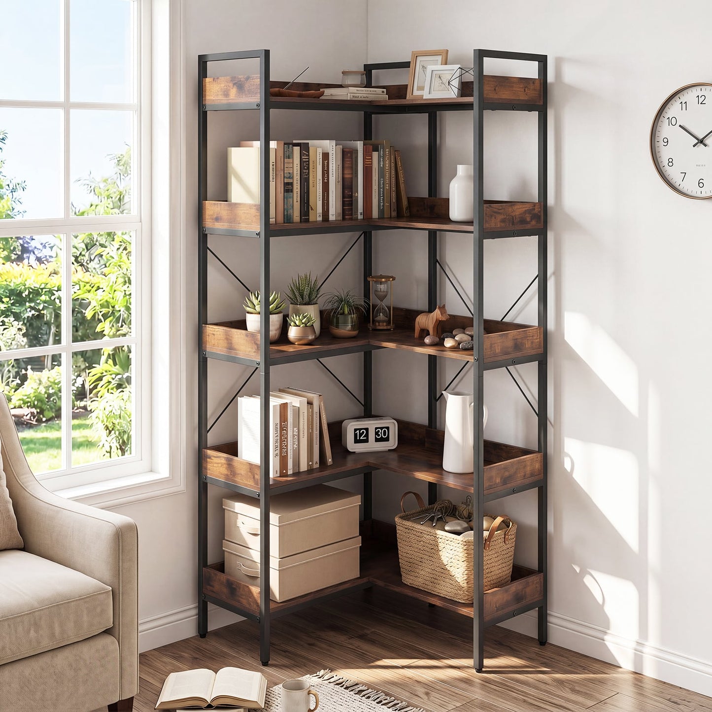 5-Tier Corner Bookshelf with Cross Braces and Anti-Tipping Kits for Home Office-Rustic Brown