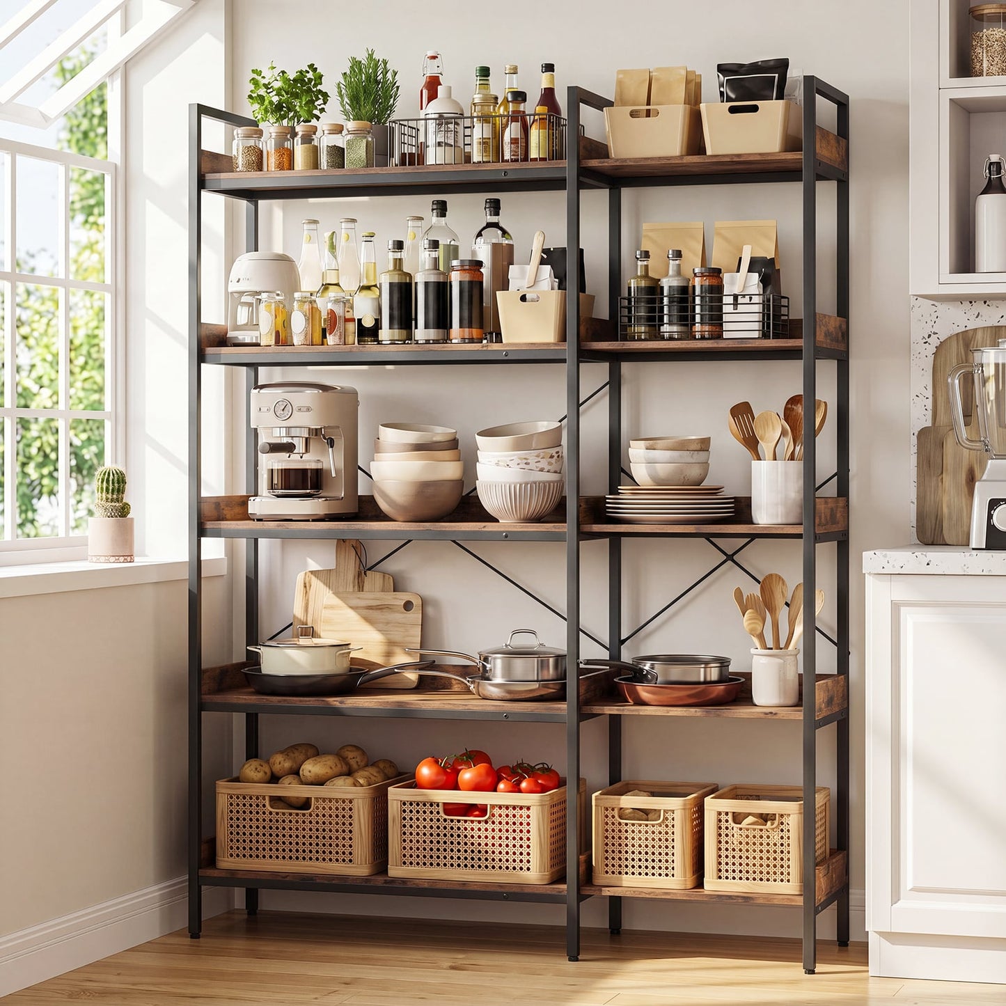 5-Tier Corner Bookshelf with Cross Braces and Anti-Tipping Kits for Home Office-Rustic Brown