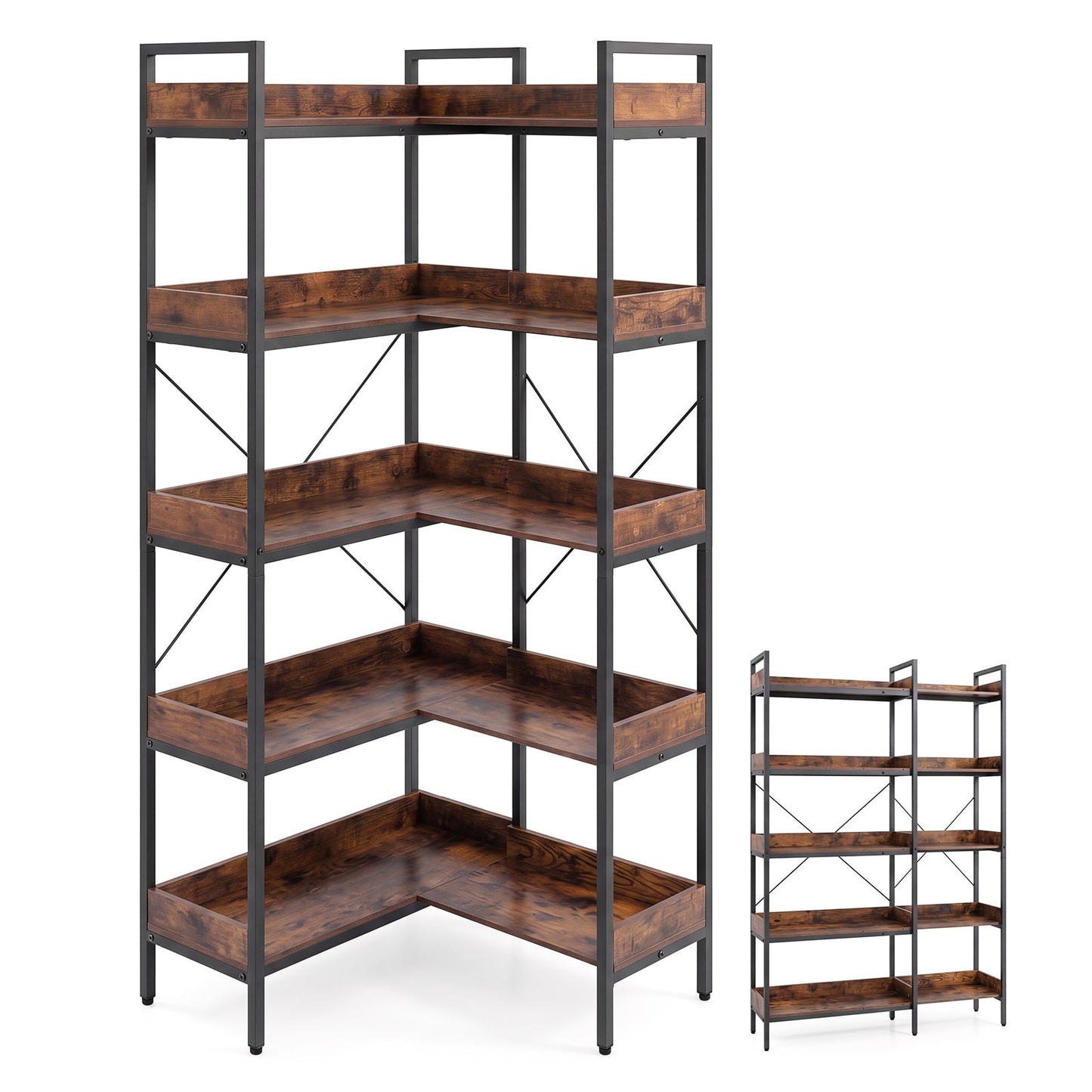 5-Tier Corner Bookshelf with Cross Braces and Anti-Tipping Kits for Home Office-Rustic Brown