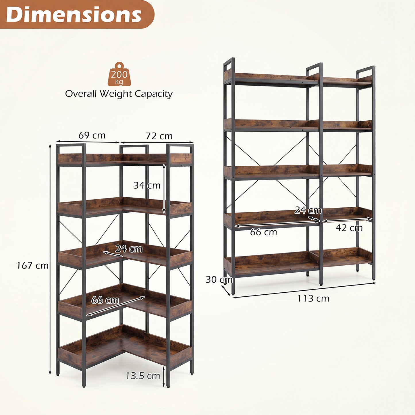 5-Tier Corner Bookshelf with Cross Braces and Anti-Tipping Kits for Home Office-Rustic Brown