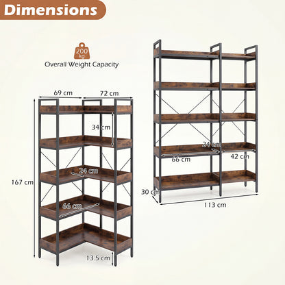 5-Tier Corner Bookshelf with Cross Braces and Anti-Tipping Kits for Home Office-Rustic Brown