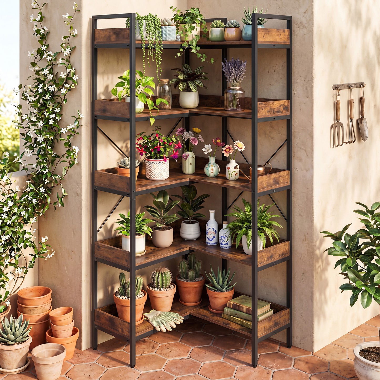 5-Tier Corner Bookshelf with Cross Braces and Anti-Tipping Kits for Home Office-Rustic Brown