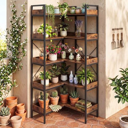 5-Tier Corner Bookshelf with Cross Braces and Anti-Tipping Kits for Home Office-Rustic Brown