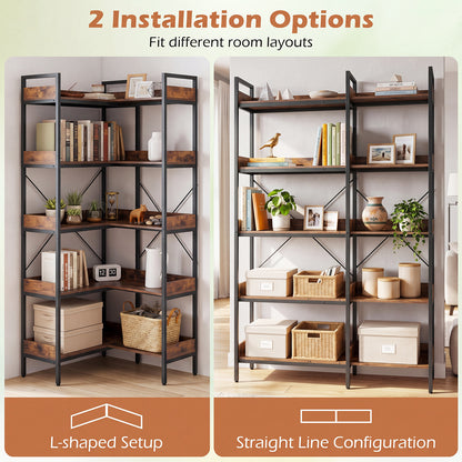 5-Tier Corner Bookshelf with Cross Braces and Anti-Tipping Kits for Home Office-Rustic Brown