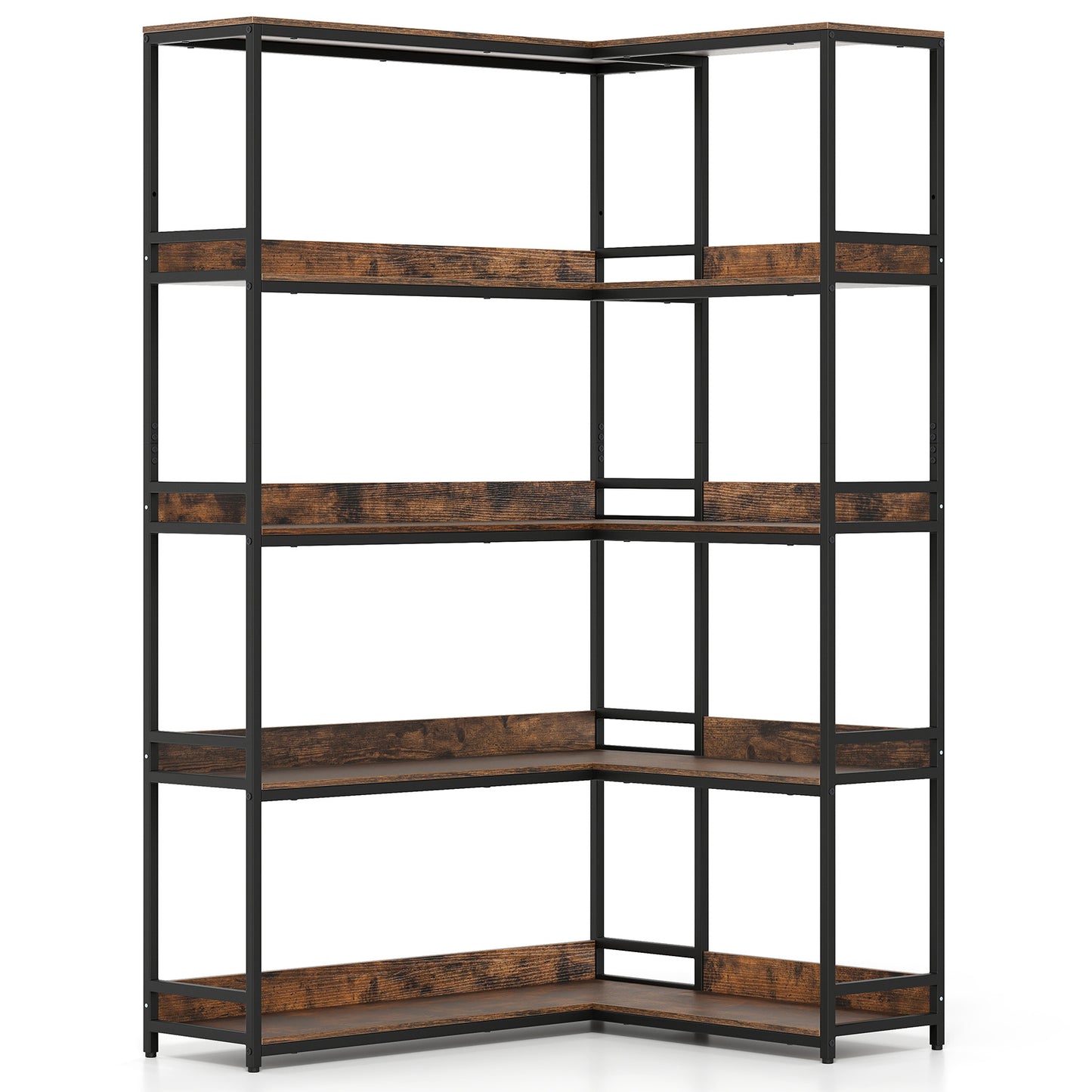 5-Tier Corner Bookshelf with Metal Frame for Living Room-Rustic Brown