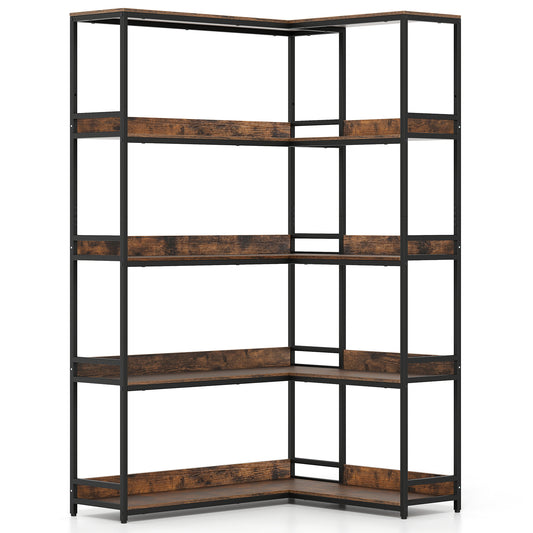 5-Tier Corner Bookshelf with Metal Frame for Living Room-Rustic Brown