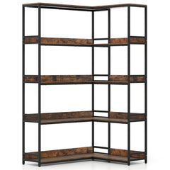 5-Tier Corner Bookshelf with Metal Frame for Living Room-Rustic Brown