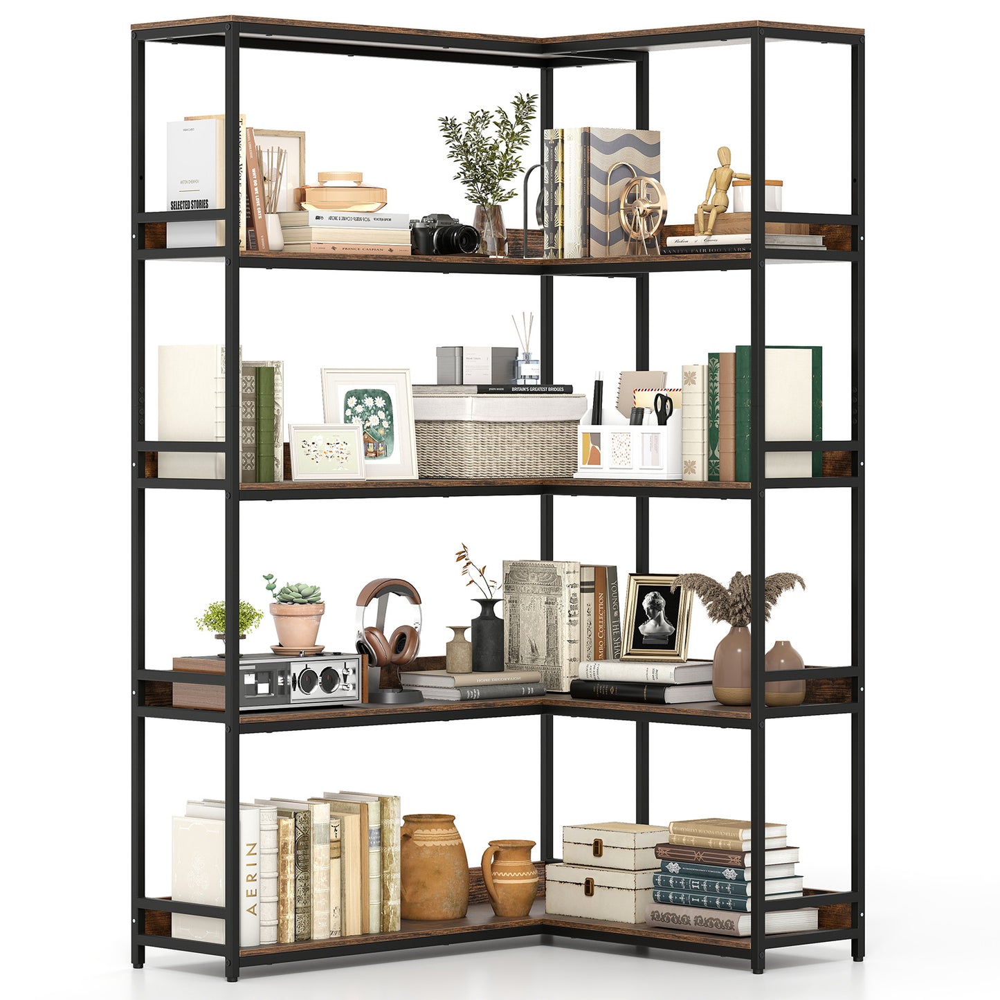 5-Tier Corner Bookshelf with Metal Frame for Living Room-Rustic Brown