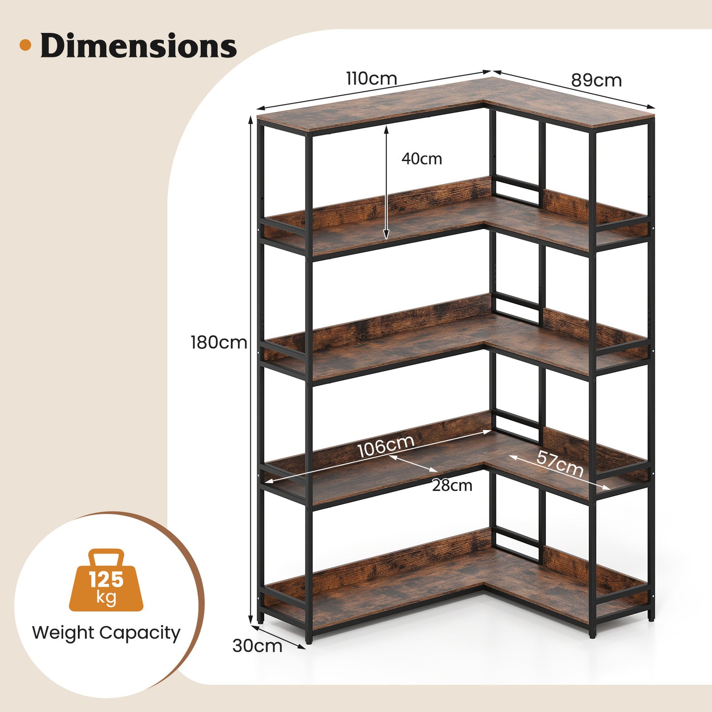 5-Tier Corner Bookshelf with Metal Frame for Living Room-Rustic Brown