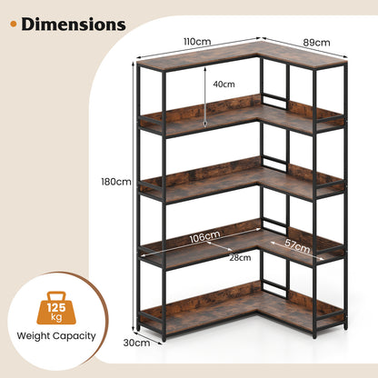 5-Tier Corner Bookshelf with Metal Frame for Living Room-Rustic Brown