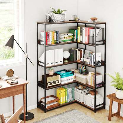 5-Tier Corner Bookshelf with Metal Frame for Living Room-Rustic Brown