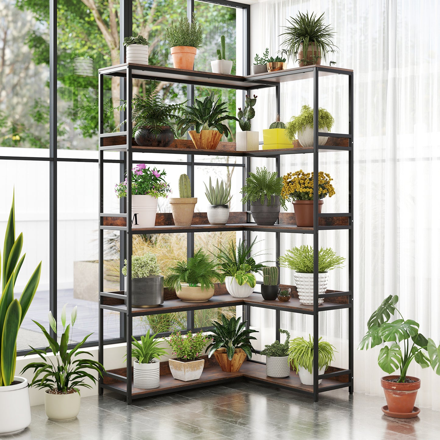 5-Tier Corner Bookshelf with Metal Frame for Living Room-Rustic Brown