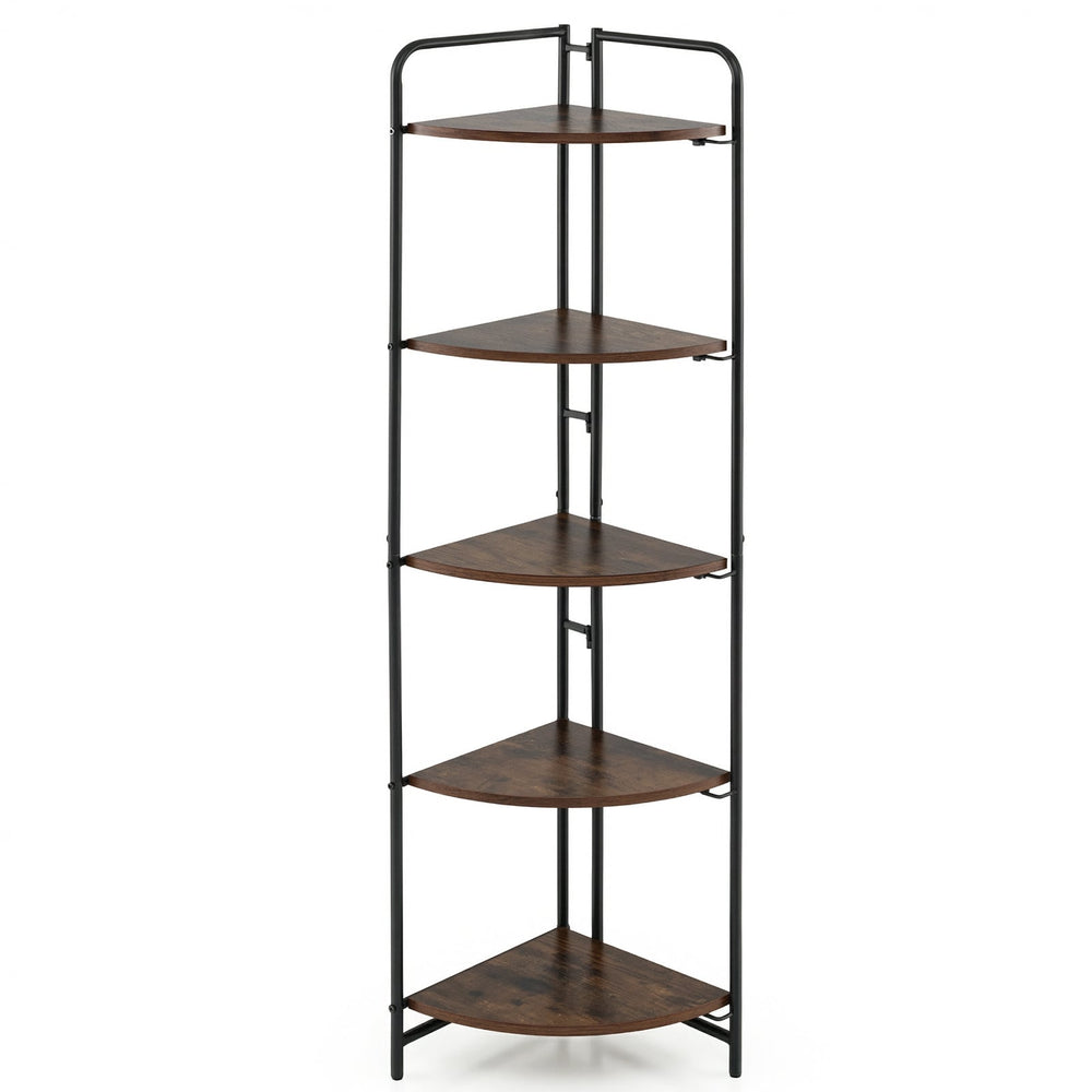 5-Tier Folding Corner Shelf Freestanding Open Display Rack with Heavy-duty Metal Frame-Rustic Brown