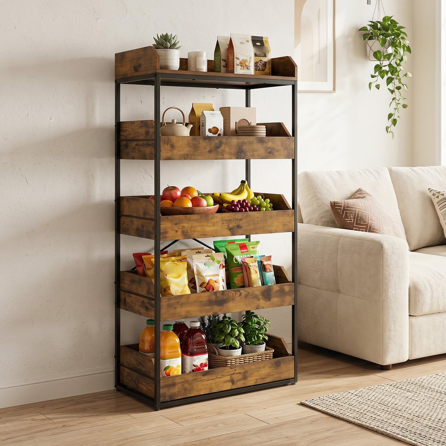 5-Tier Food Storage Rack Retail Snack Display Shelf with 4 Pull-out Drawers-Rustic Brown