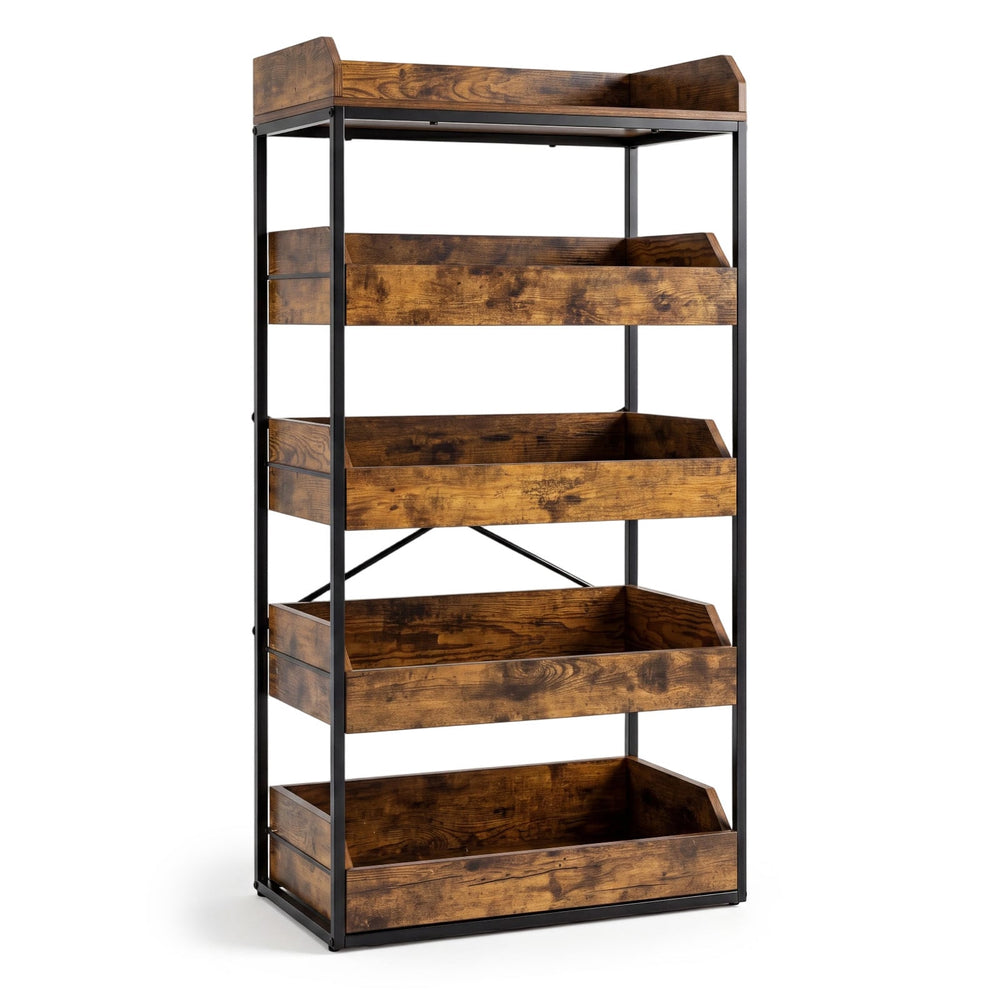 5-Tier Food Storage Rack Retail Snack Display Shelf with 4 Pull-out Drawers-Rustic Brown