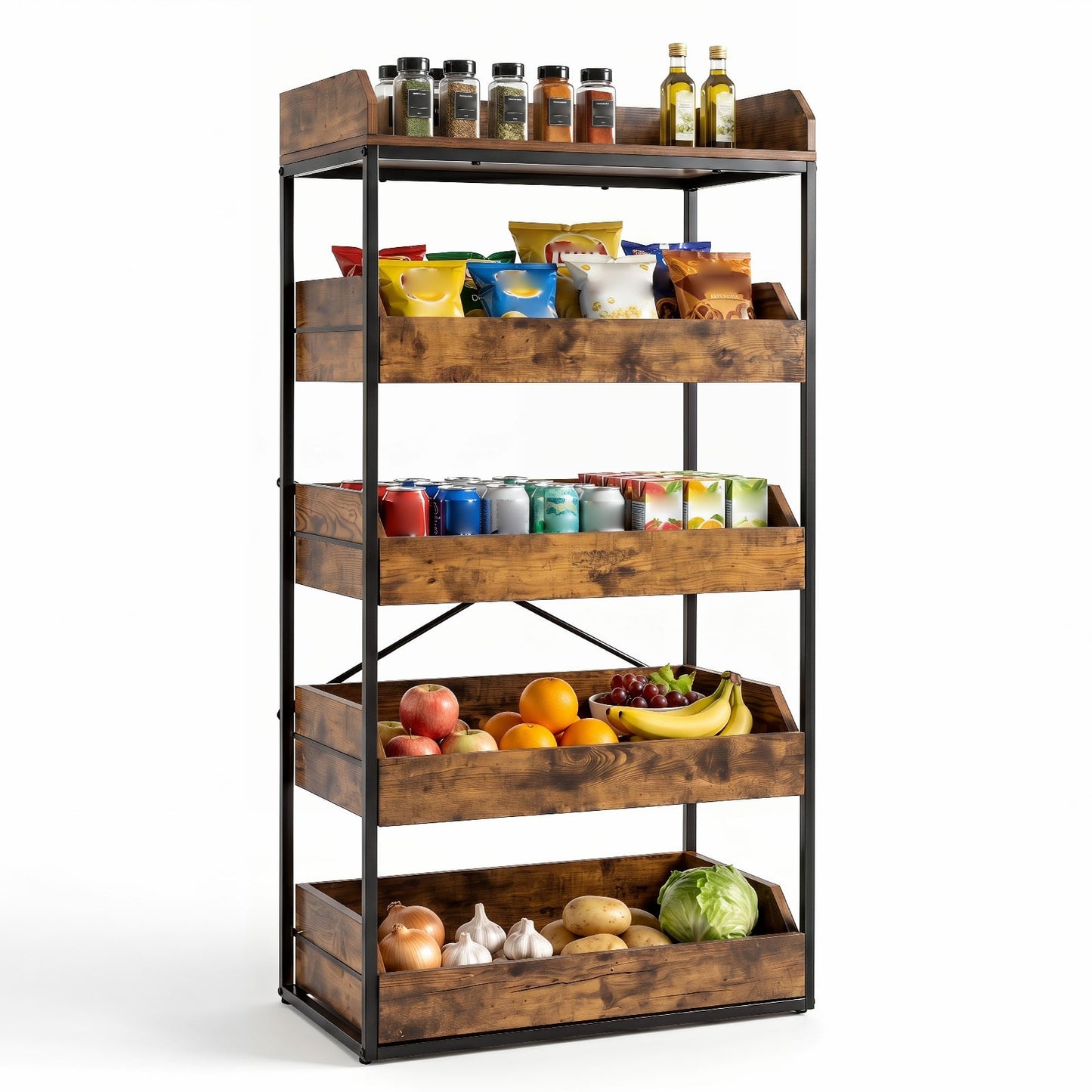 5-Tier Food Storage Rack Retail Snack Display Shelf with 4 Pull-out Drawers-Rustic Brown
