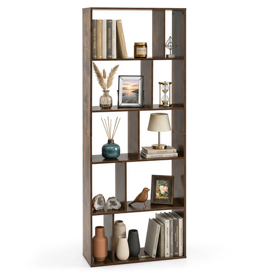 5-Tier Geometric Bookshelf with 10 Open Cubbies-Rustic Brown
