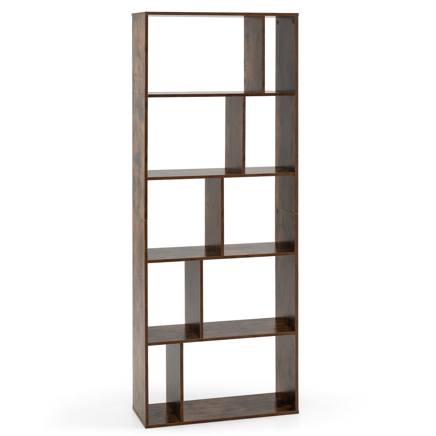 5-Tier Geometric Bookshelf with 10 Open Cubbies-Rustic Brown
