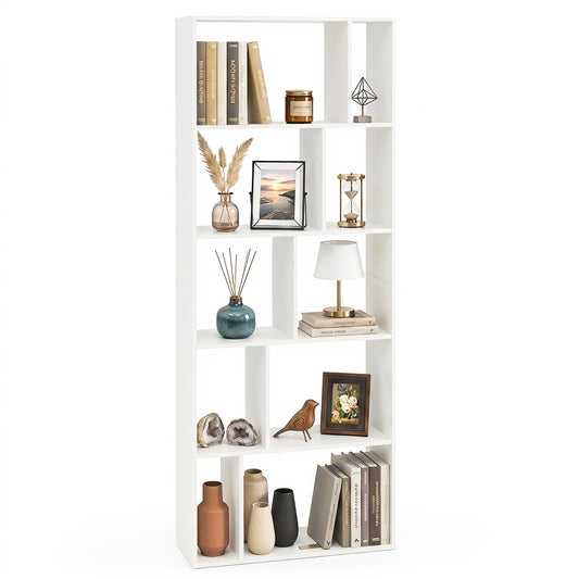 5-Tier Geometric Bookshelf with 10 Open Cubbies-White