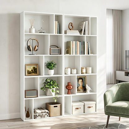 5-Tier Geometric Bookshelf with 10 Open Cubbies-White