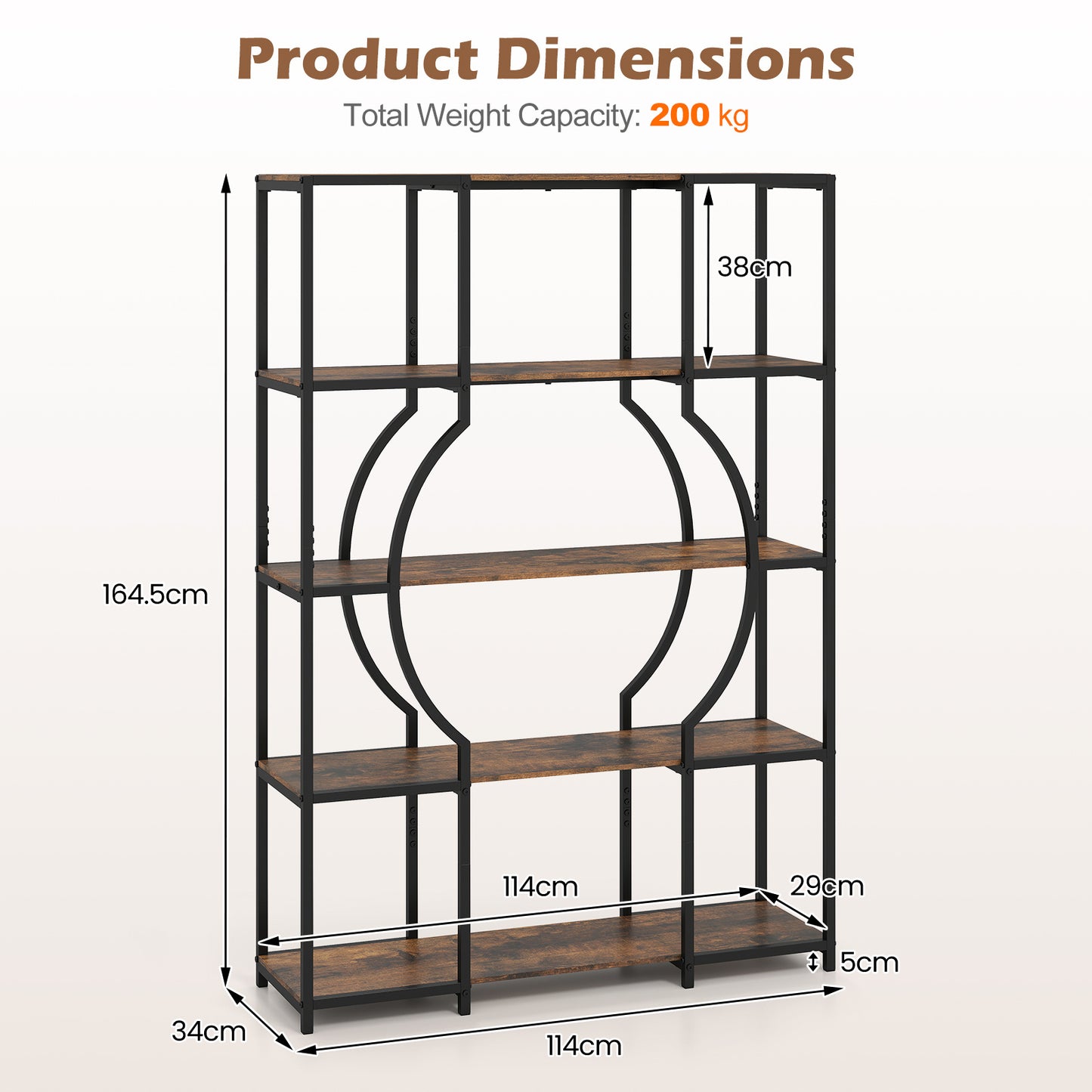 5-Tier Industrial Geometric Display Shelf with Open Shelves-Rustic Brown