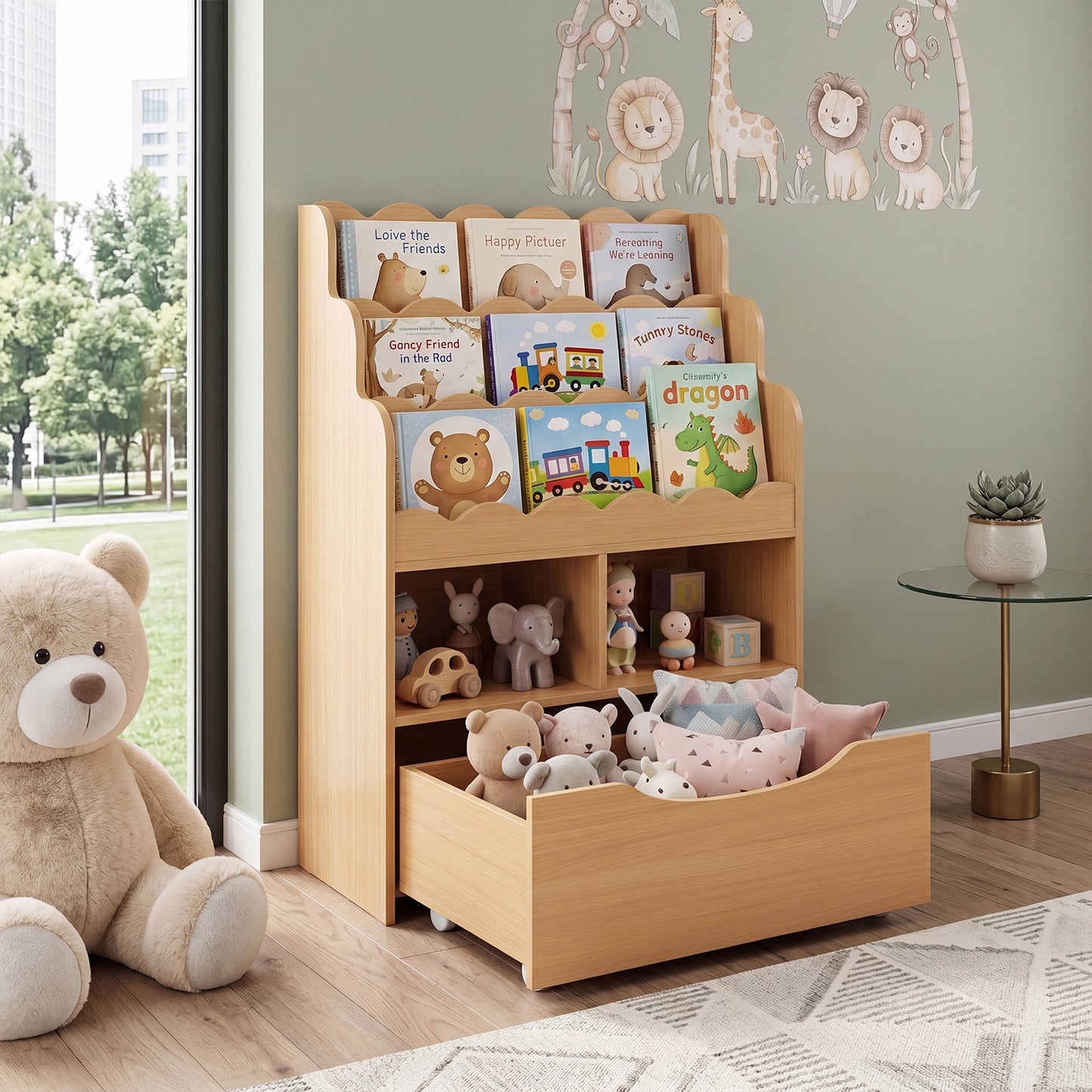 5-Tier Kids Bookshelf with Shelves & Rolling Drawer for Nursery Playroom-Natural