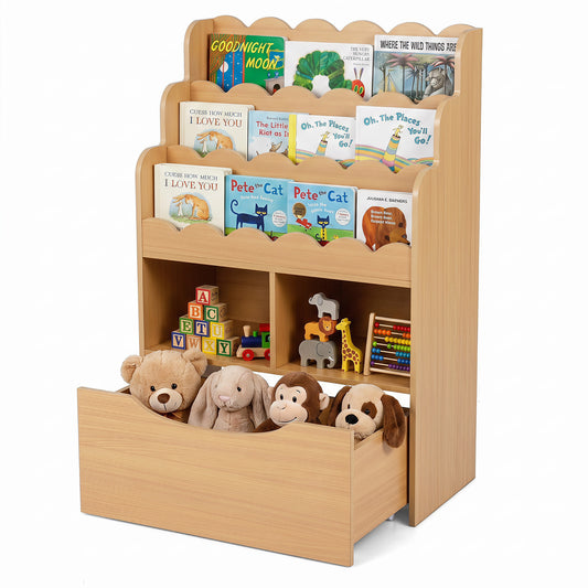5-Tier Kids Bookshelf with Shelves & Rolling Drawer for Nursery Playroom-Natural